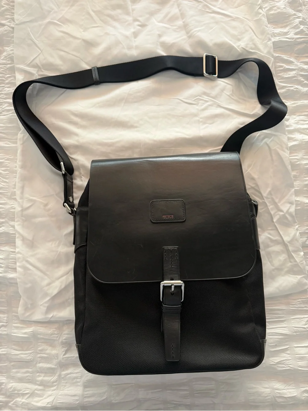 TUMI Black Leather & Ballistic Nylon Messenger Bag